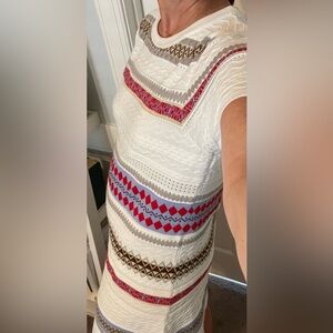 Cream Midi Dress with Graphic Patterns and Short Sleeves